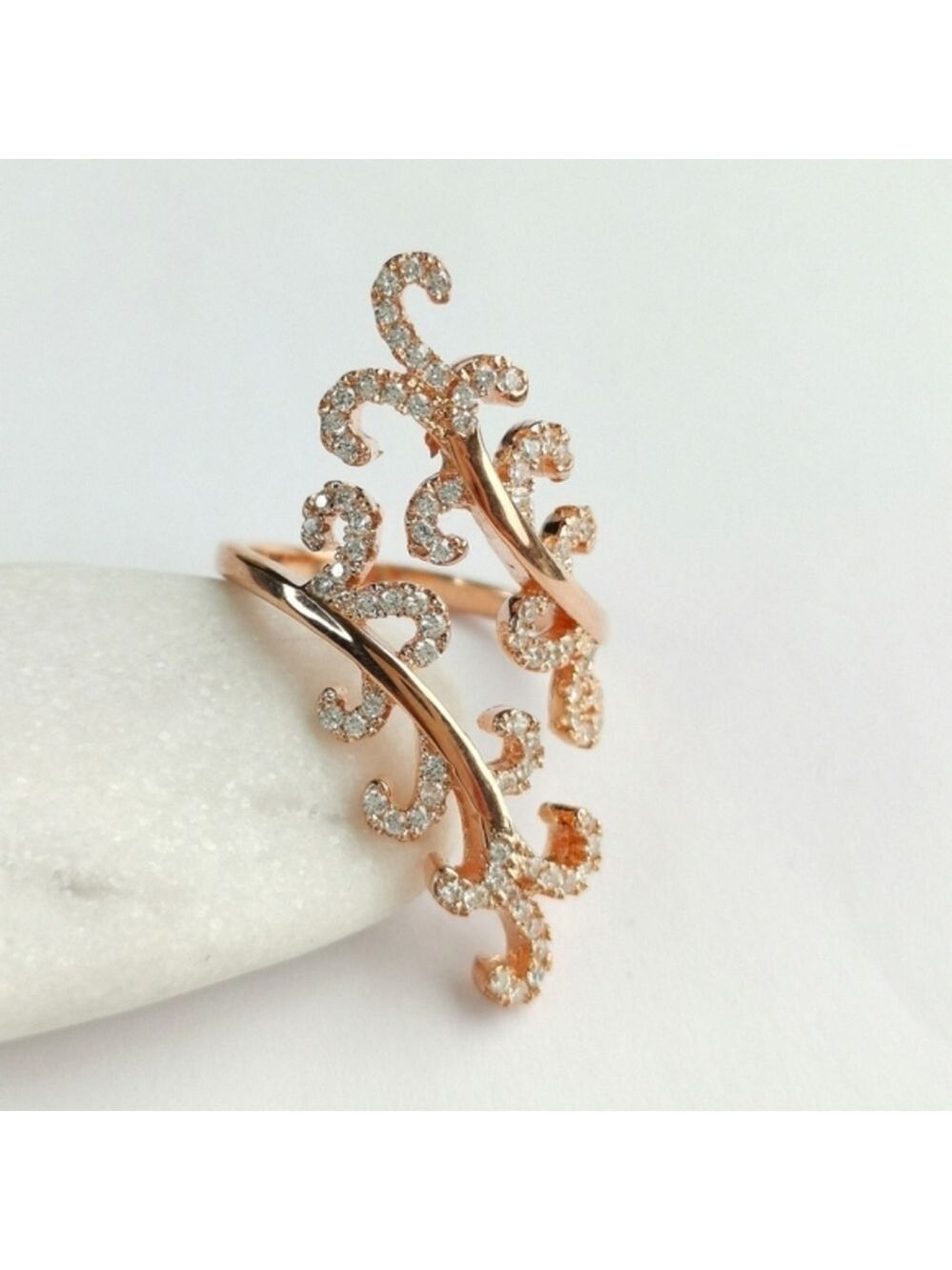 Rose Gold CZ Filigree Bypass Ring Sterling Silver size 7 🆕
